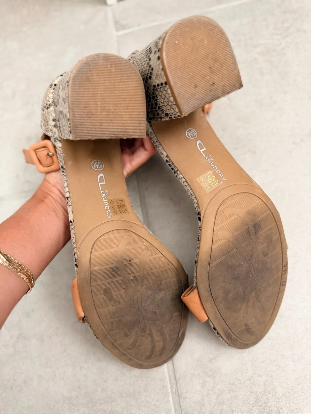 Tan Leather & Snake-Print Block Heel Sandals
